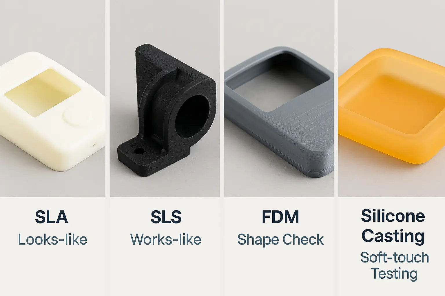 Four-photo comparison of different rapid prototyping methods—SLA, SLS, FDM, and casting—matched with typical use cases