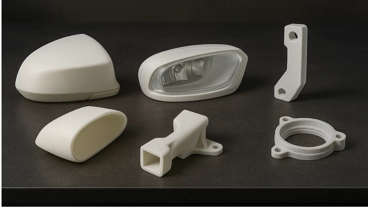 A realistic photo-style illustration showing SLA and SLS-produced automotive prototype parts neatly arranged on a workbench, highlighting the material detail and precision of rapid prototyping.