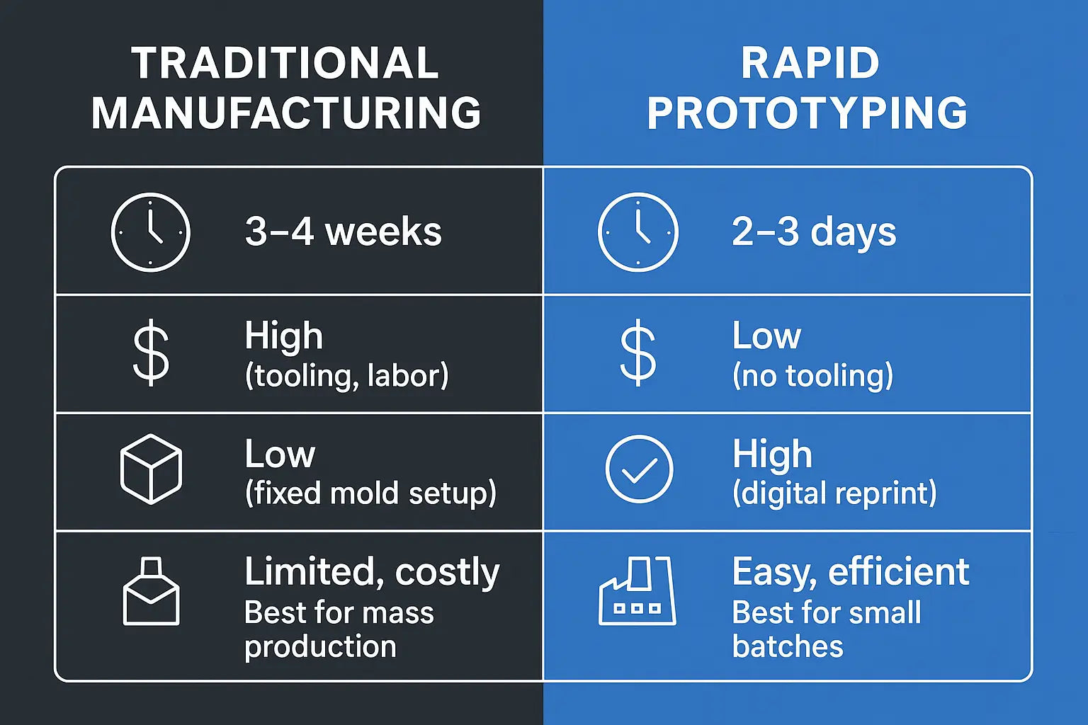 Infographic comparing rapid prototyping and traditional manufacturing across five key factors: lead time, cost, flexibility, customization, and scalability