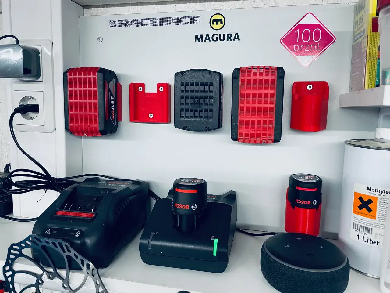 3D-printed prototypes of Bosch power tool housings used for ergonomic testing and design validation.