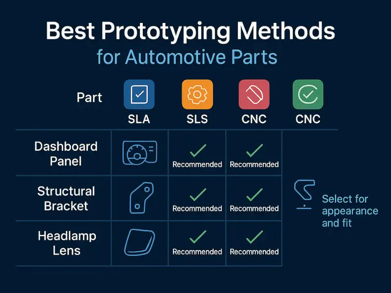 A comparison table matching SLA, SLS, and CNC with different automotive parts like dashboards, brackets, and lenses.
