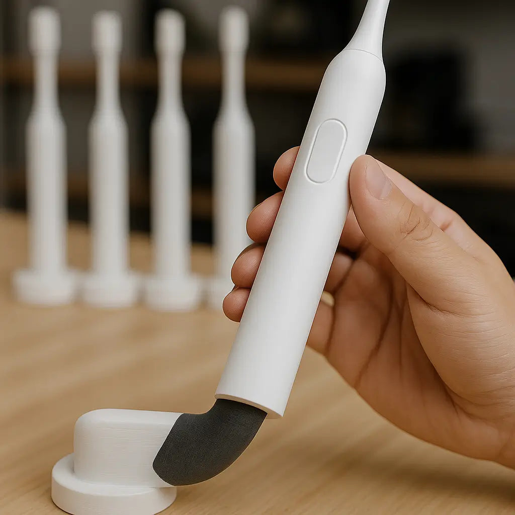 Silicone cast prototype of a smart toothbrush used for ergonomic user testing before tooling