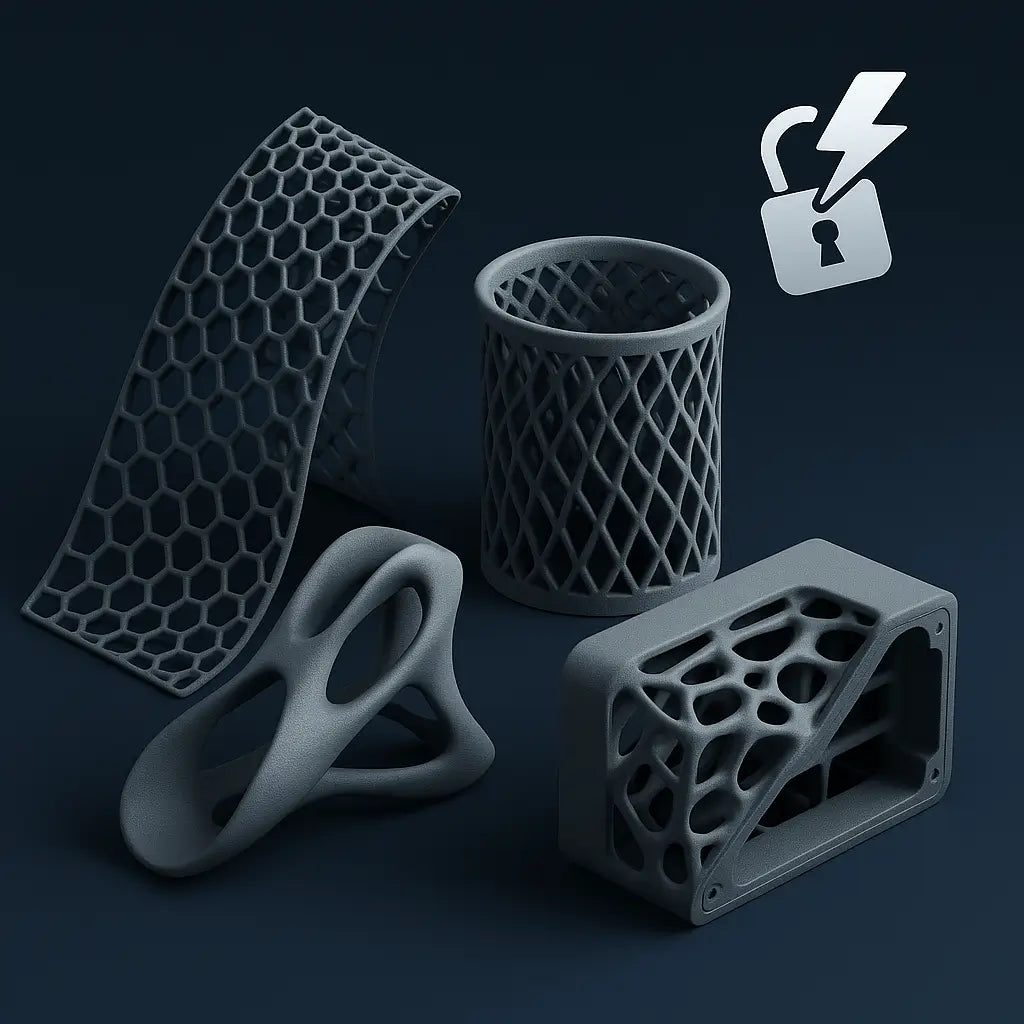 Four 3D-printed objects with complex lattice and organic geometries, highlighting design freedom enabled by additive manufacturing.