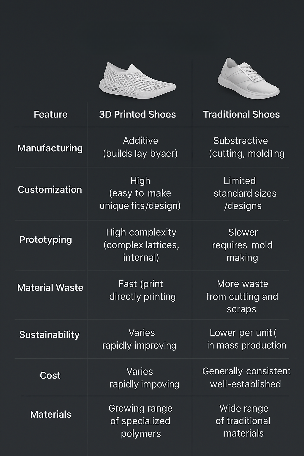 Detailed side-by-side feature comparison between 3D printed shoes and traditional shoes, covering manufacturing, design, sustainability, cost, and durability.