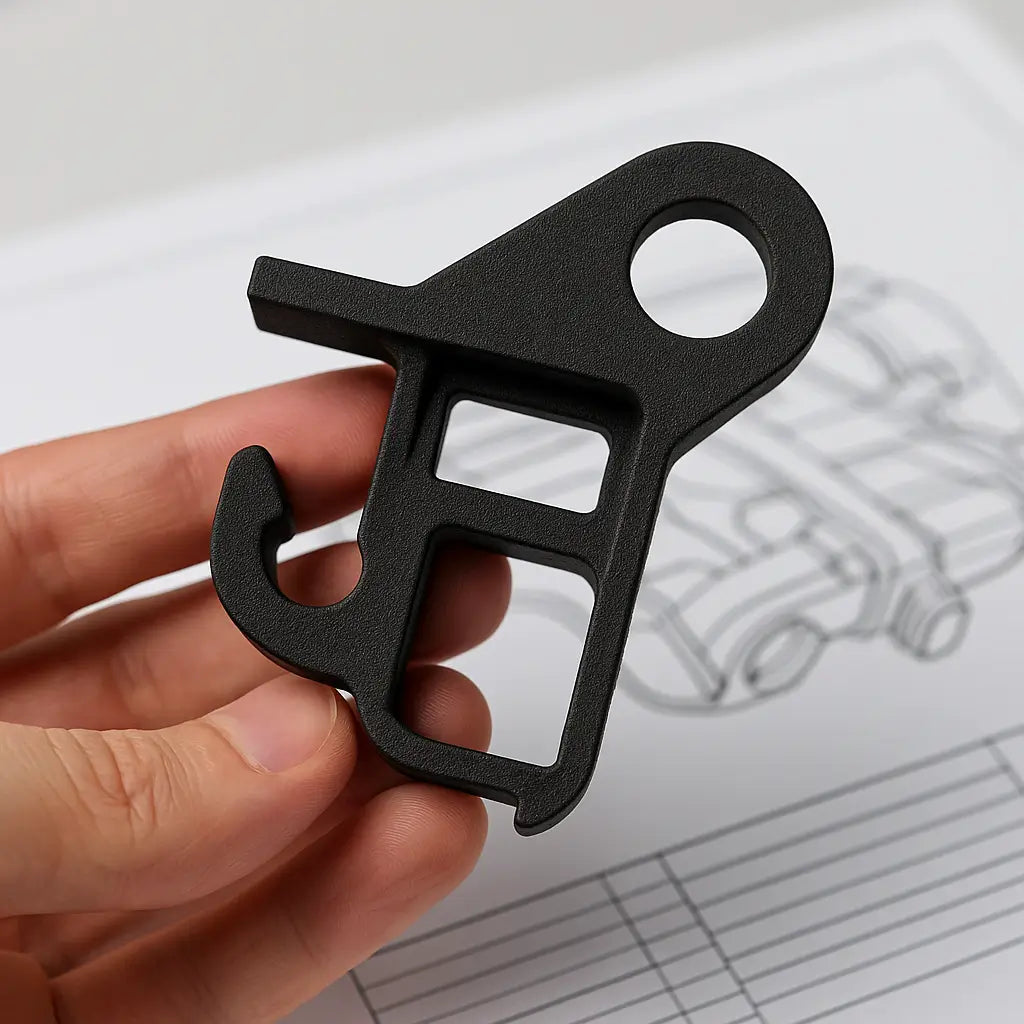 3D printed black nylon automotive bracket created with SLS technology for functional testing and reduced tooling cost