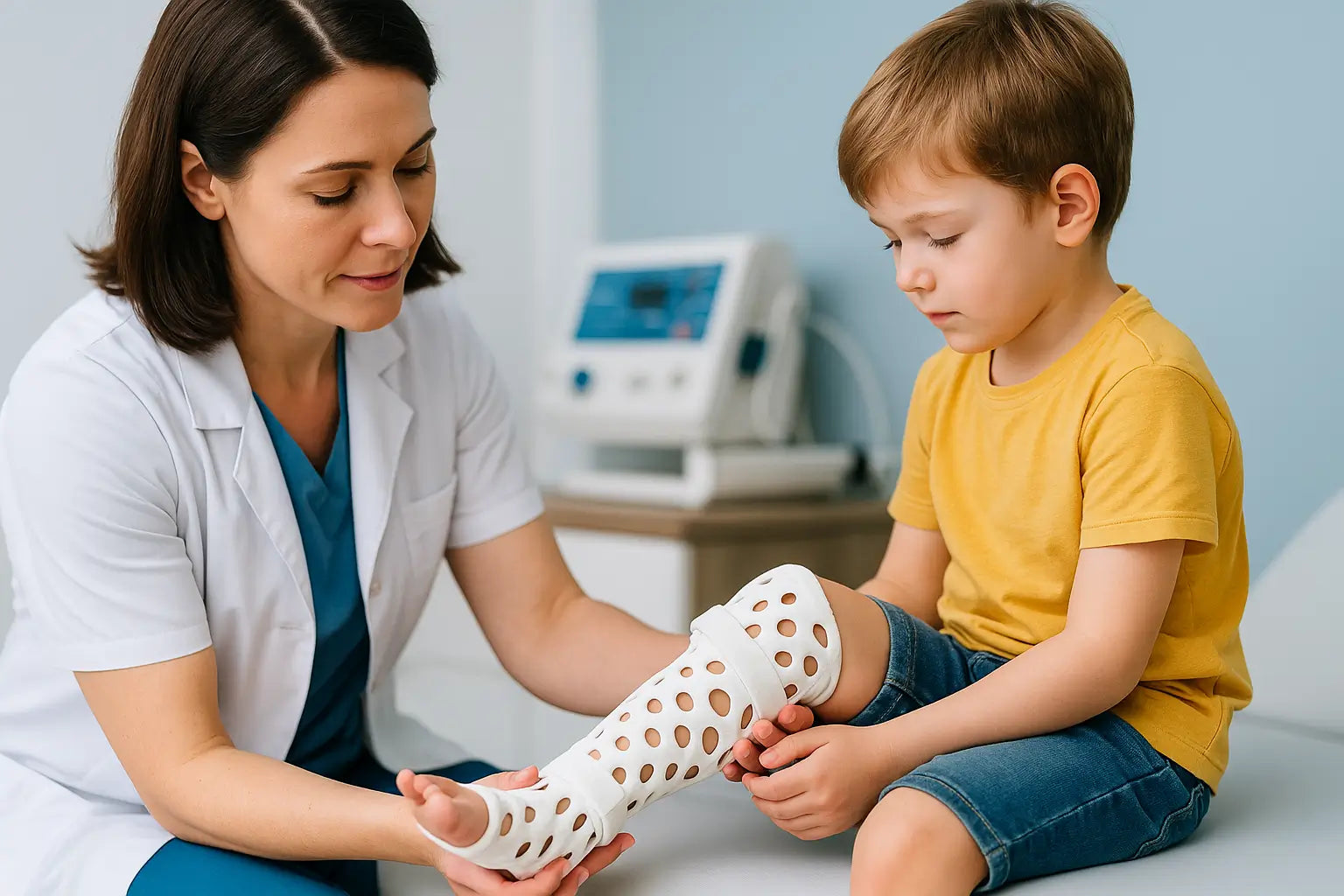 A pediatric patient being fitted with a custom 3D-printed leg orthosis by a healthcare provider in a medical setting.