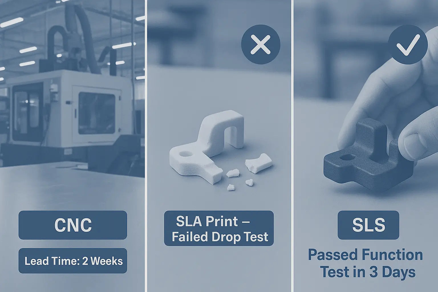 Visual comparison of CNC, SLA, and SLS prototypes: slow, fragile, or fast and durable