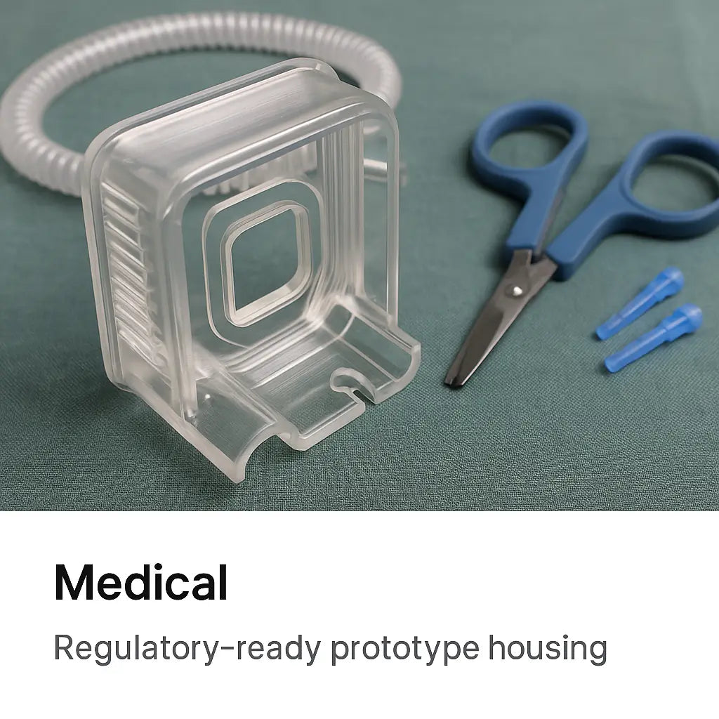 Transparent SLA 3D printed medical device prototype used for investor demos and usability testing