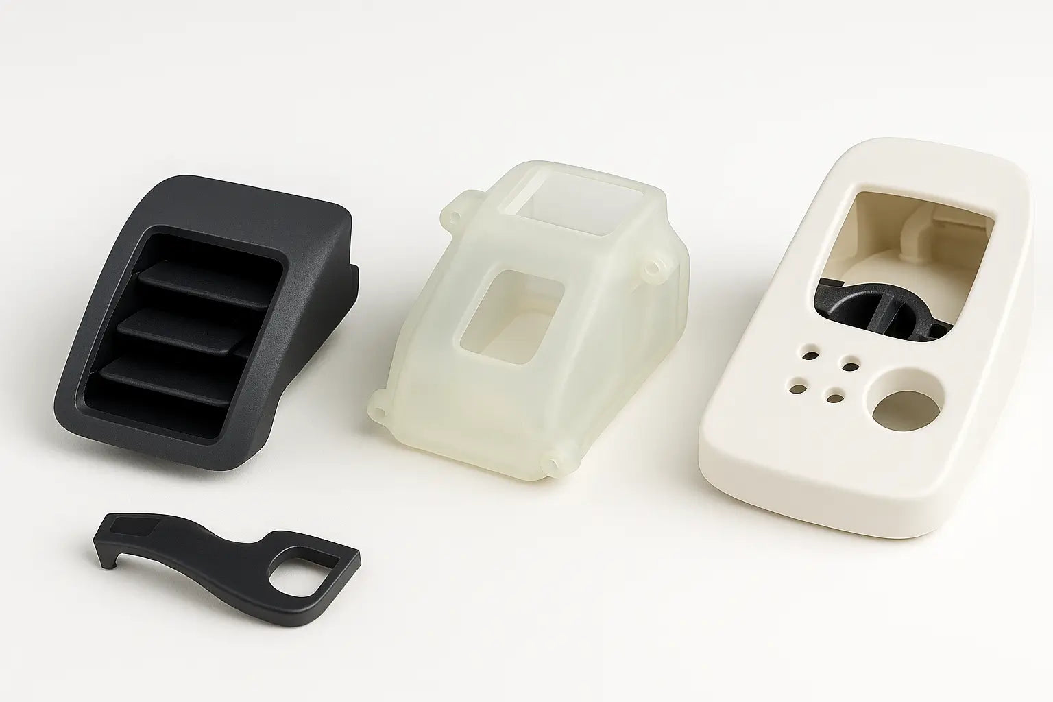 Three rapid prototyping samples representing automotive, medical, and consumer product industries with realistic finishes and material diversity