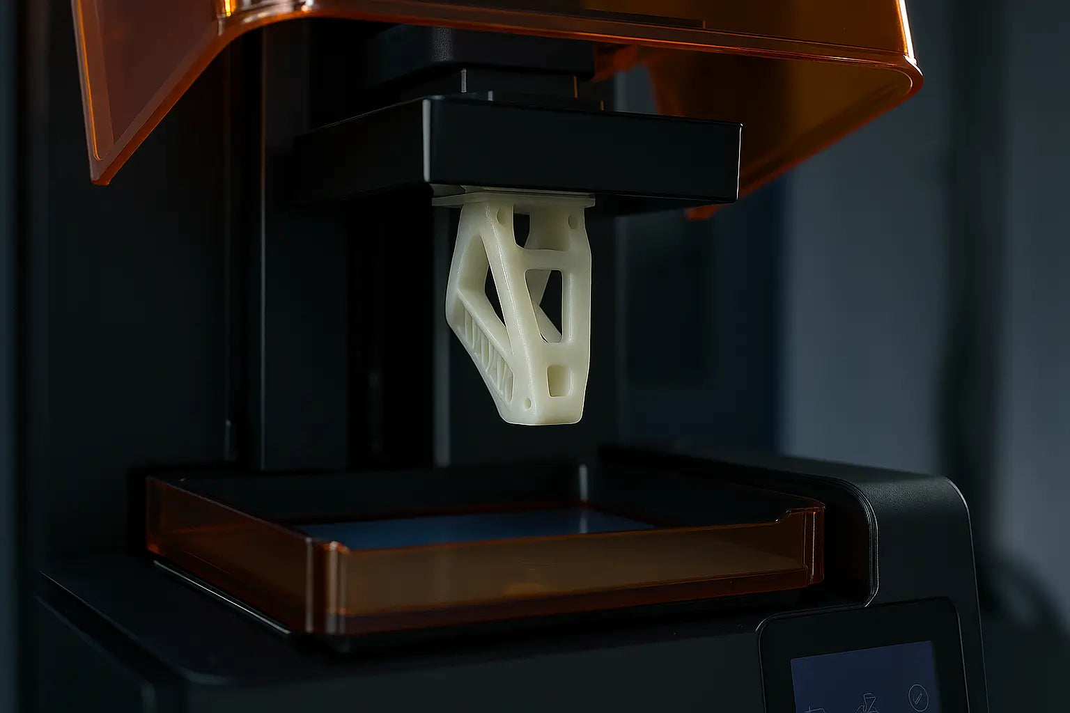 SLA Rapid Prototyping printer in action with part emerging from resin tank – high-precision 3D printing in process