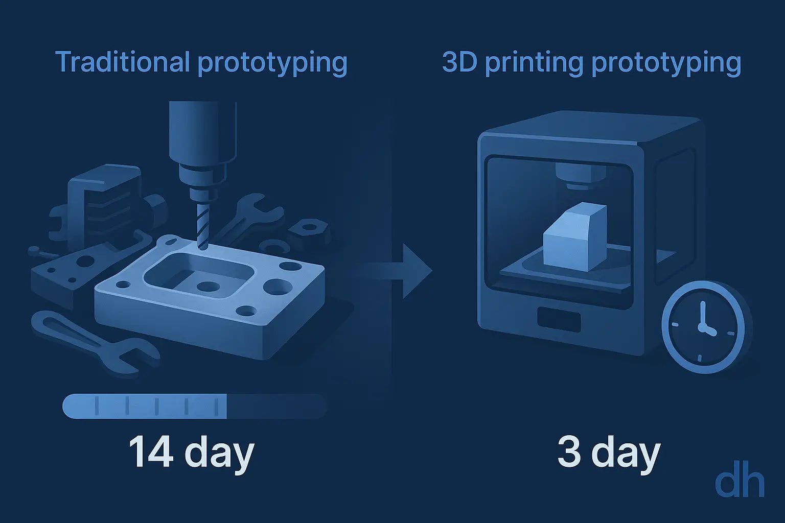 Side-by-side illustration of traditional and 3D printed prototyping timeframes.