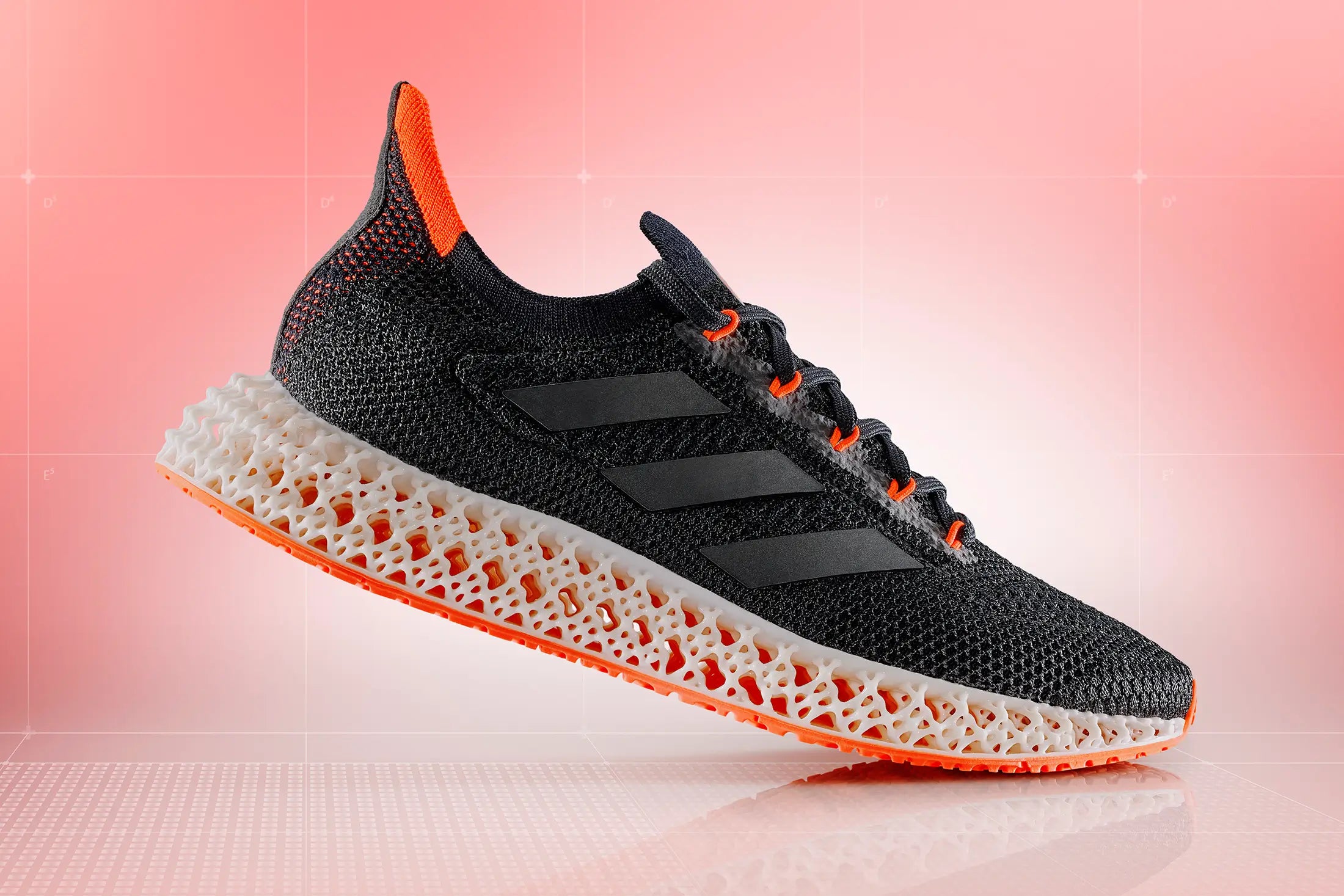 Adidas 4DFWD running shoe featuring a 3D printed lattice midsole designed for forward propulsion.