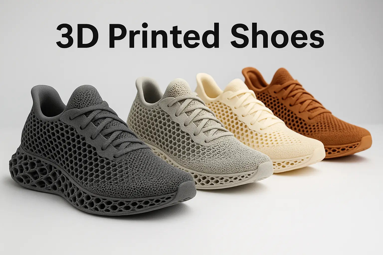 A lineup of futuristic 3D printed sneakers, each with unique lattice midsoles and innovative design elements.