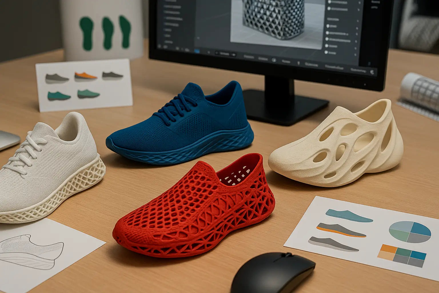 A realistic image showing multiple uniquely designed 3D printed shoes in a custom footwear design studio, highlighting personalization and creative freedom.