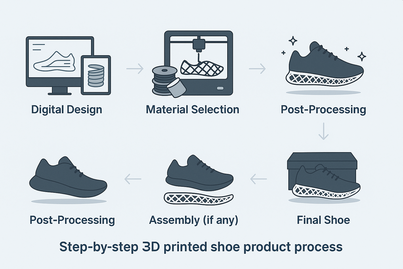 Step-by-step infographic showing the 3D printed shoe production process from digital design to final product.