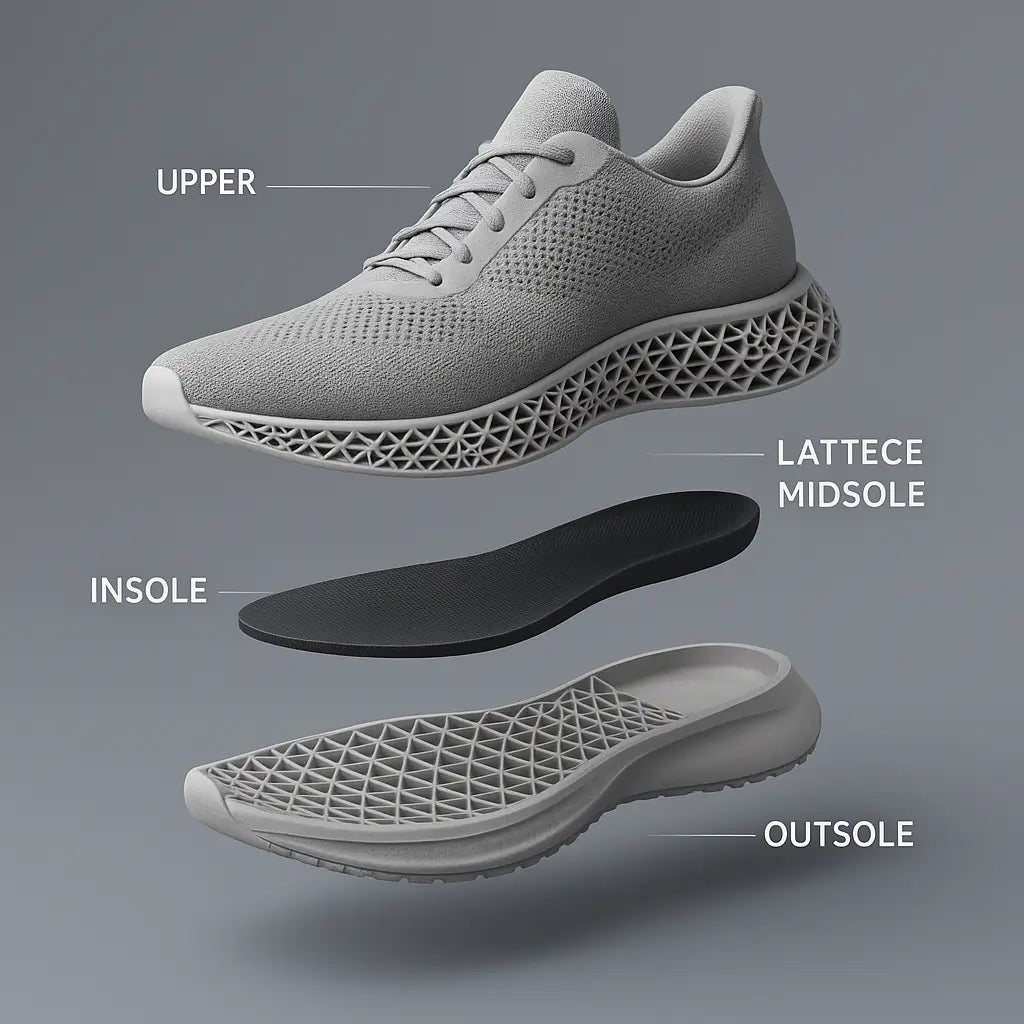 Exploded view of a 3D printed shoe showing its upper, lattice midsole, insole, and outsole components.