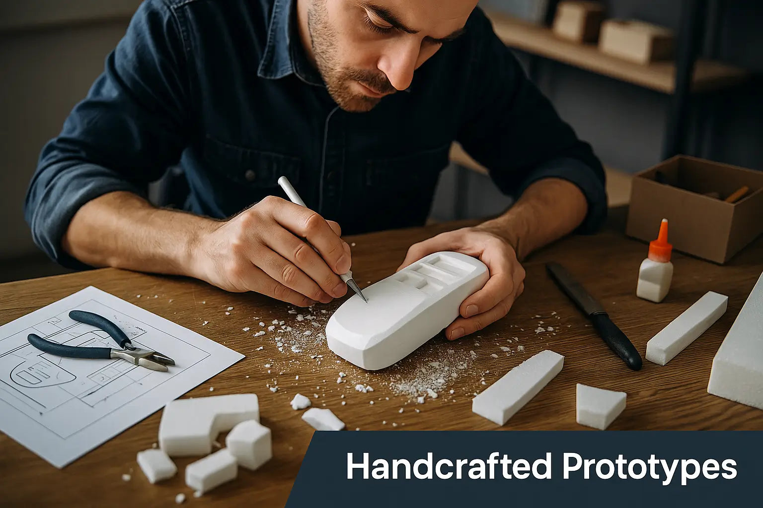 A designer carving a foam model by hand at a workbench, surrounded by tools and material scraps, representing traditional handcrafted prototyping.