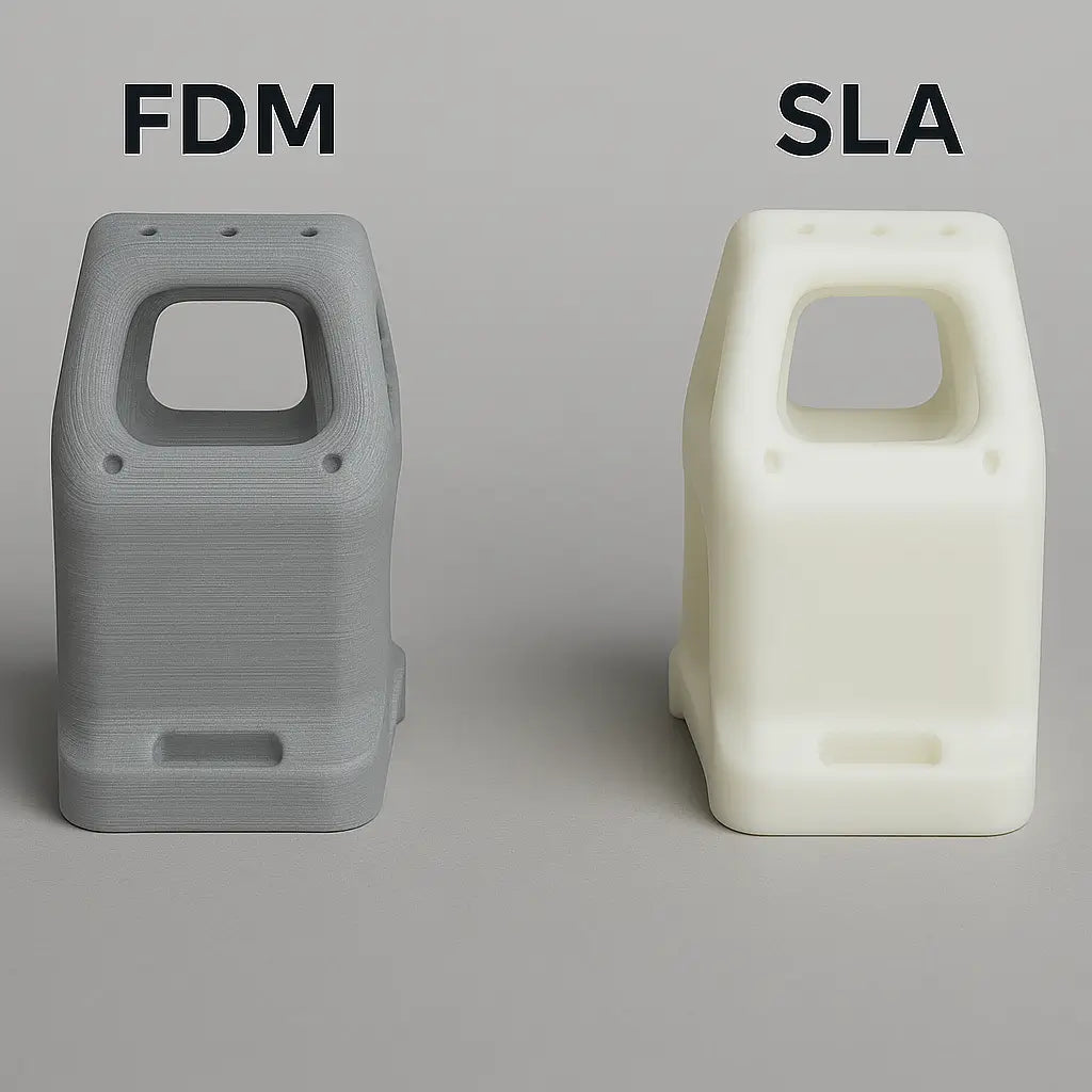Side-by-side comparison of surface finish between FDM and SLA rapid prototyping parts – rough FDM vs smooth SLA
