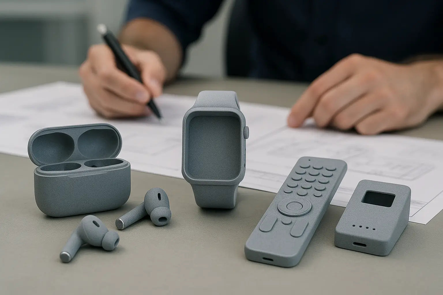 3D-printed prototypes of earbuds, smartwatches, remotes, and IoT devices displayed on a desk with a designer working in the background.