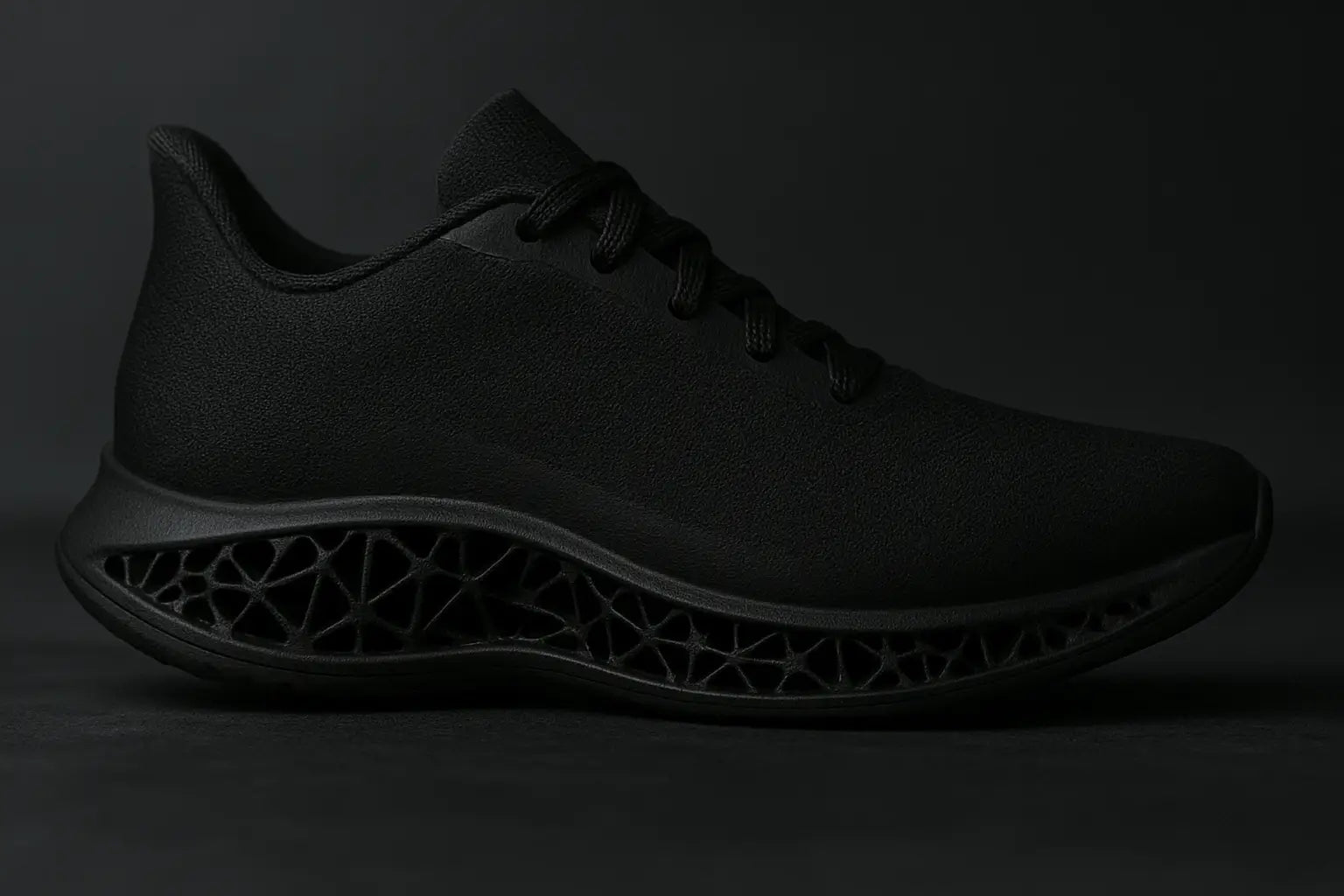 SLS-printed midsole with intricate lattice structure in black nylon, no branding visible