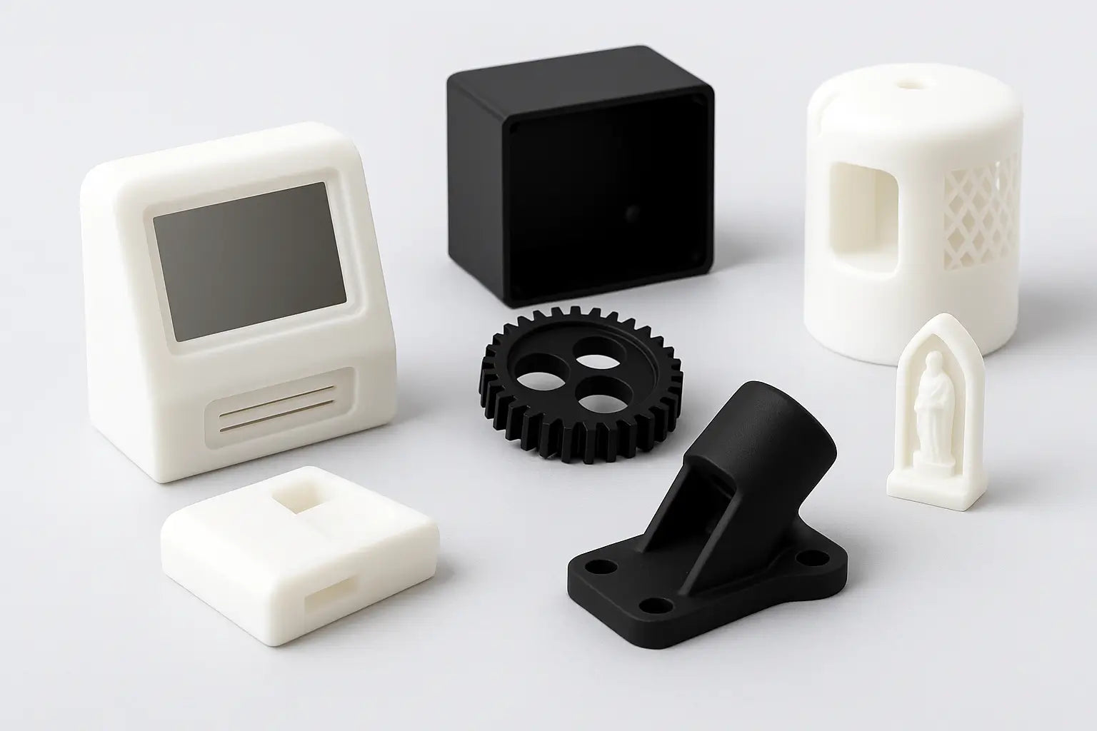 A set of SLA 3D printed prototypes used for rapid prototyping, featuring white and black resin parts with fine detail and smooth surfaces