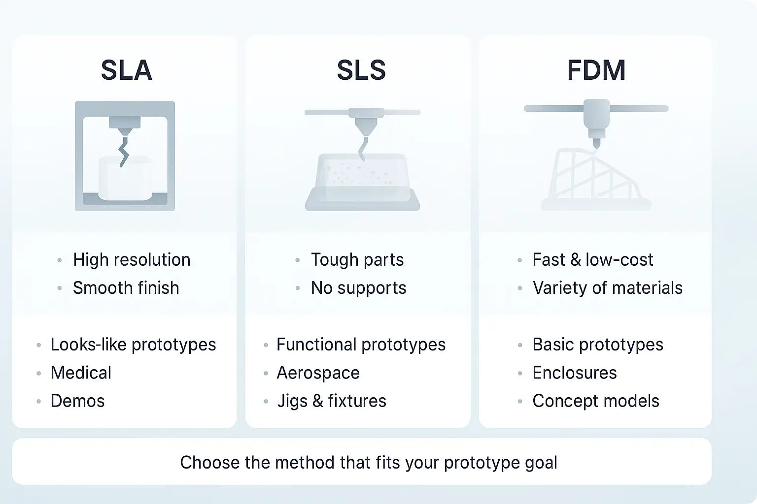 Visual comparison of SLA, SLS, and FDM 3D printing technologies used in rapid prototyping, including features and ideal use cases