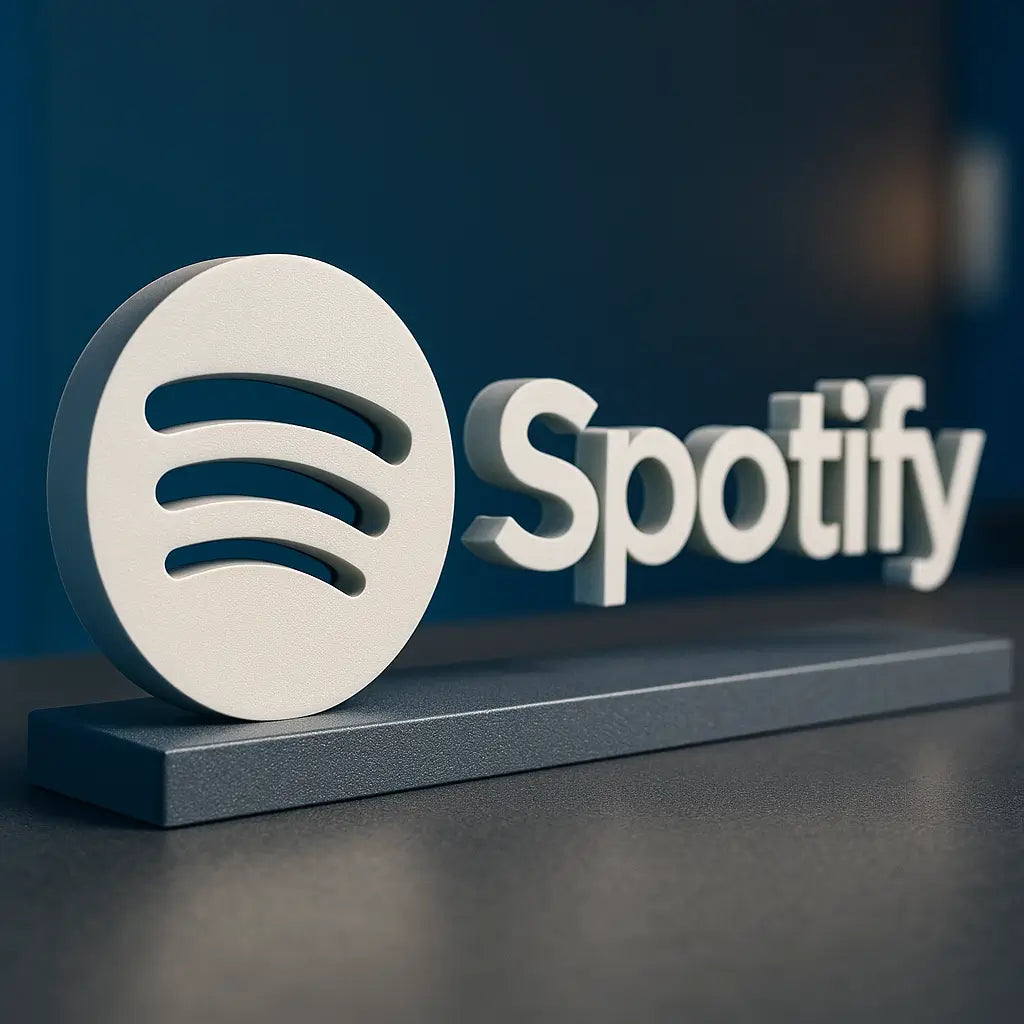 A 3D-printed Spotify logo and text displayed on a desk, illustrating visual branding prototyping with smooth, professional finish.