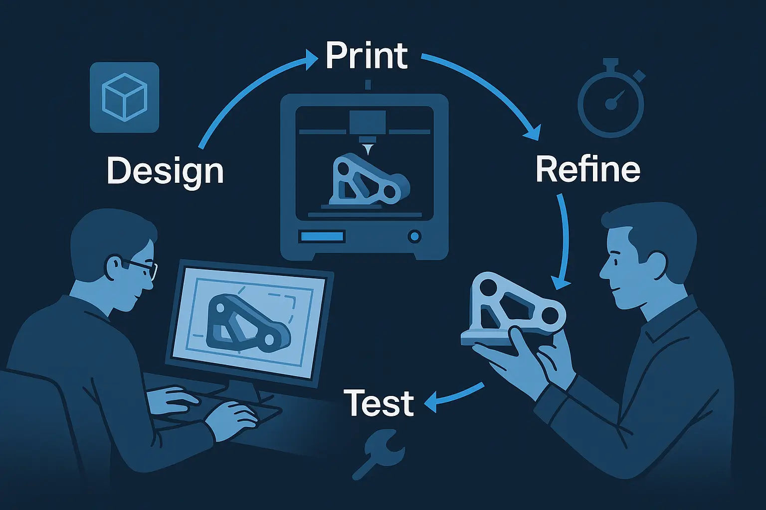 Three-step infographic showing design, 3D printing, and product testing in a fast iteration loop.