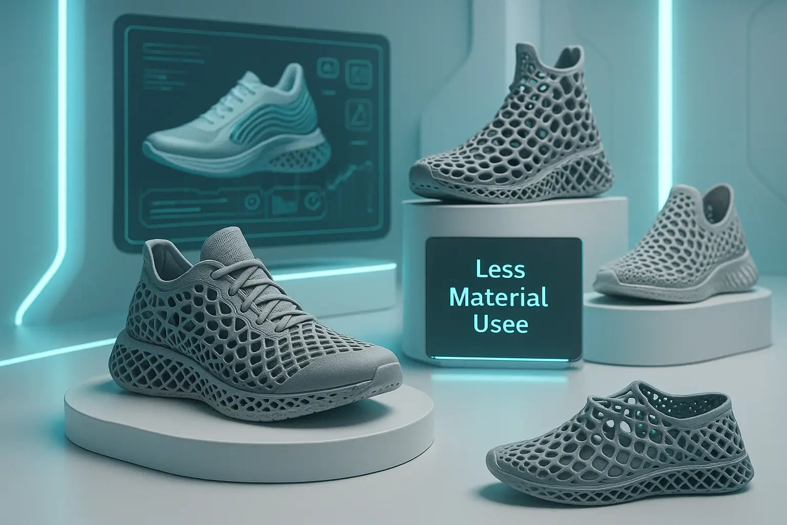 Concept image showing futuristic 3D printed shoes, highlighting trends like AI design, customization, and on-demand production.