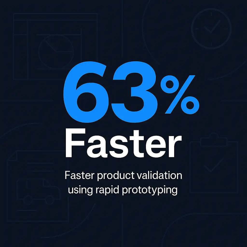 Digital graphic highlighting 63% faster product validation using rapid prototyping, with modern design icons and blue color scheme.