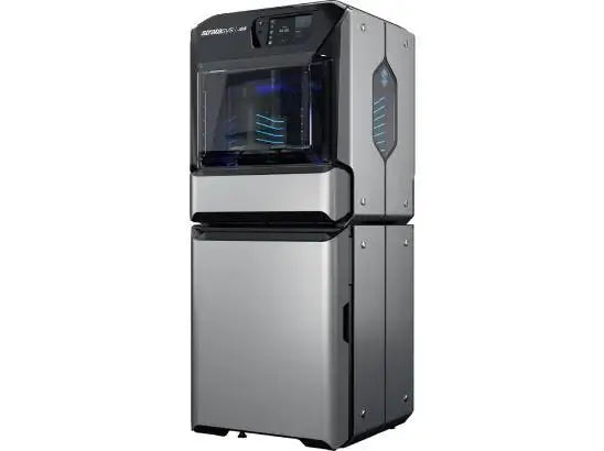 A high-resolution image of the Stratasys J55 Prime 3D printer, a high-end full color PolyJet machine with a rotating print platform and multi-material capability.