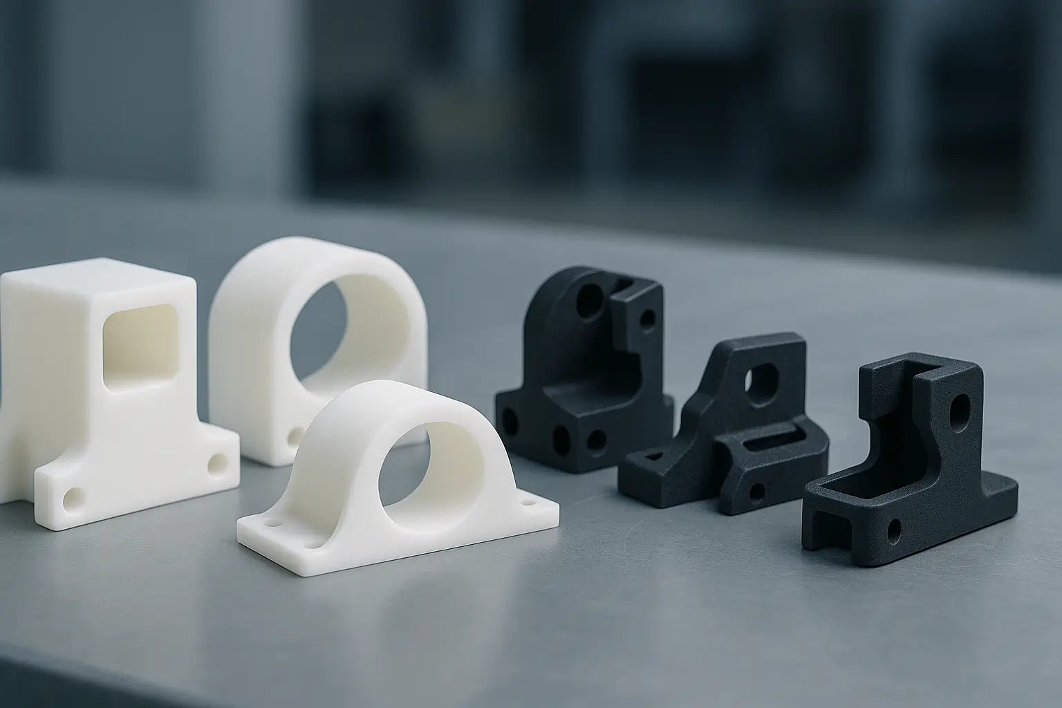 Image showing 3 SLA and 3 SLS 3D printed parts on a workbench, highlighting material differences and how they impact rapid prototyping cost.