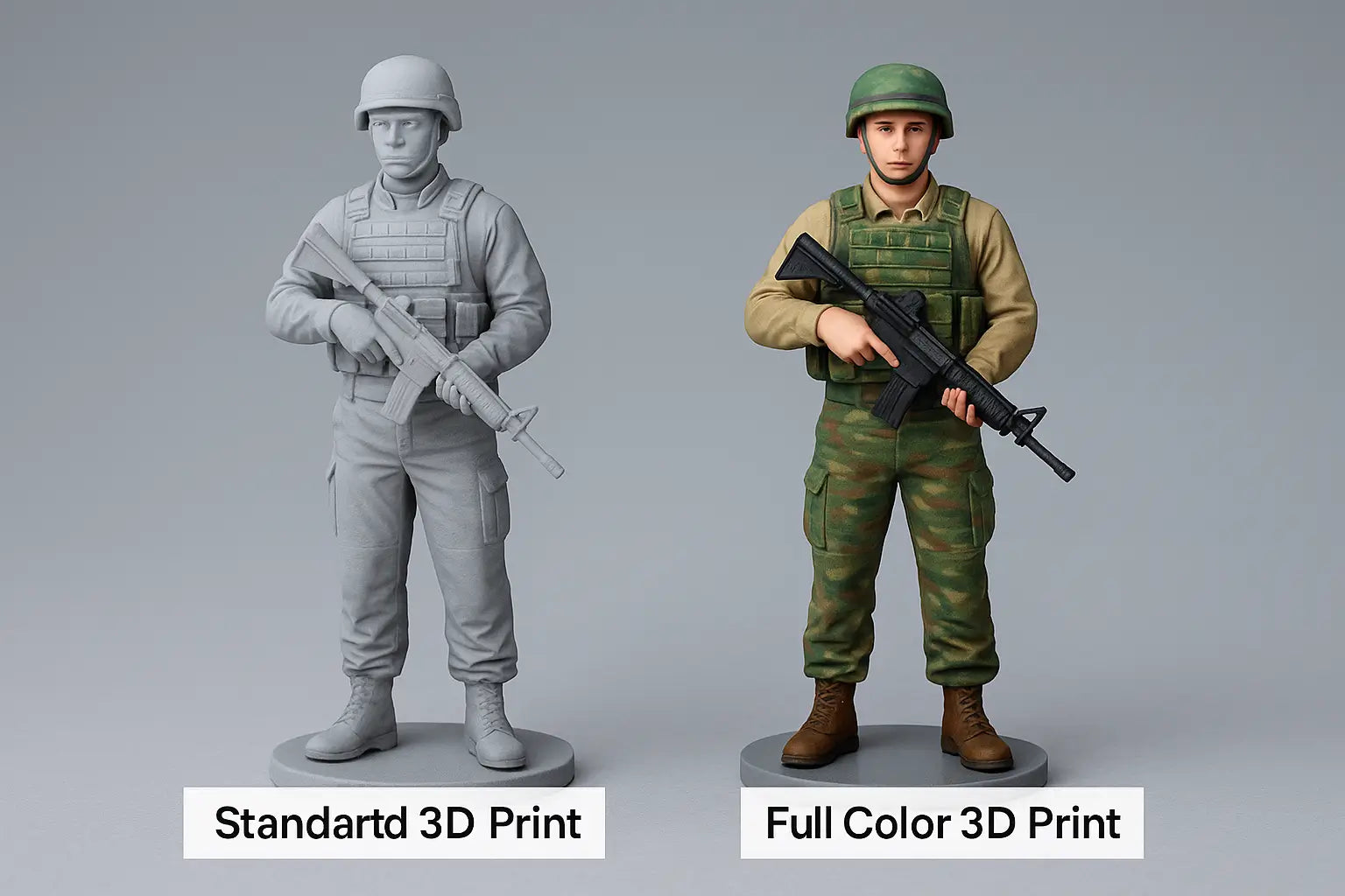 A visual comparison of a regular 3D print and a full color 3D print, showing the dramatic difference in detail and realism.