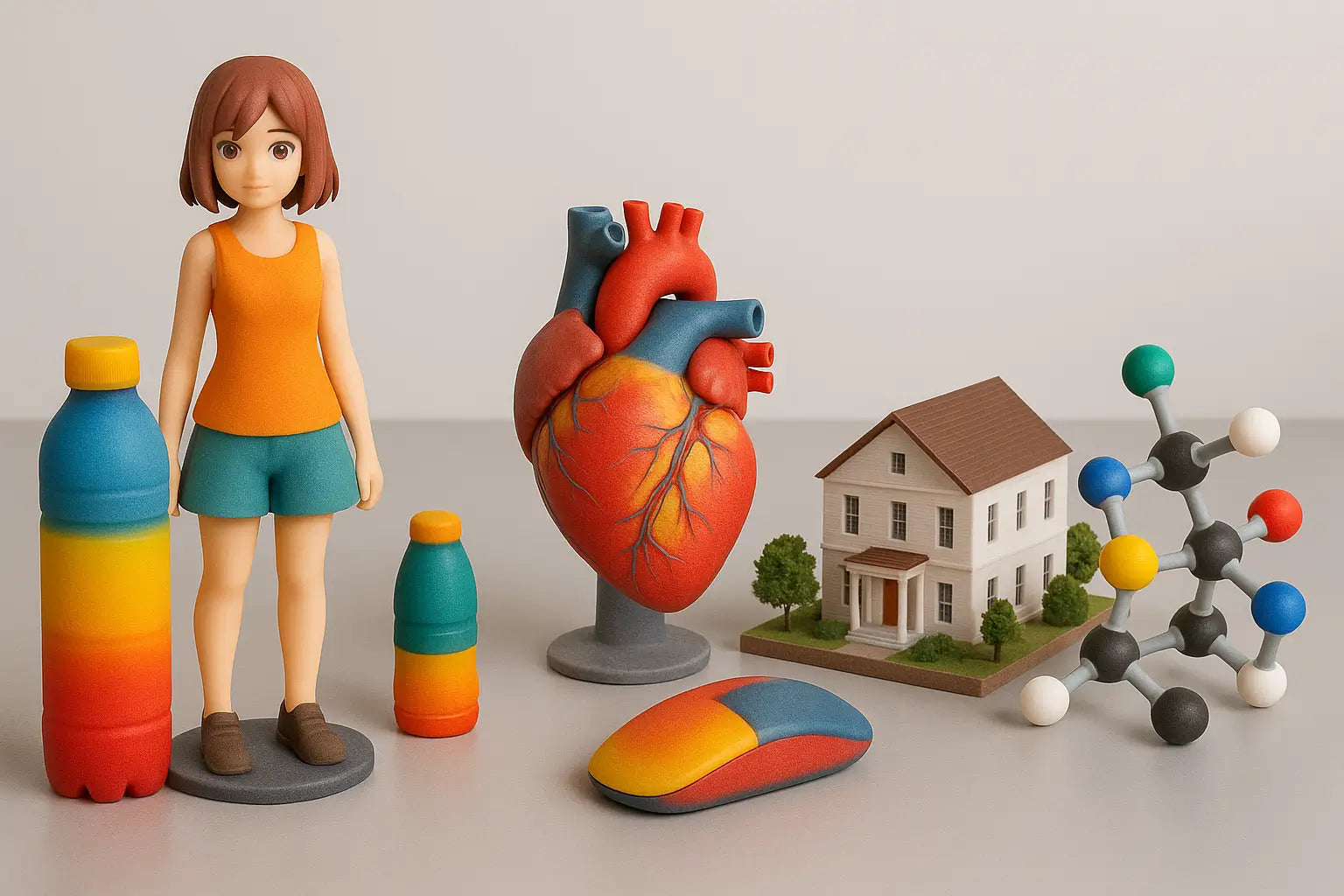 A realistic photograph showing seven full color 3D printed models including a figurine, architectural model, organ, molecular structure, and various product prototypes, arranged on a neutral display surface with soft shadows.