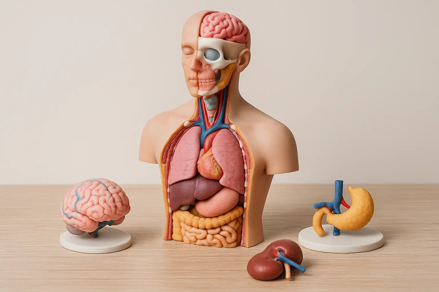 A high-resolution photograph of full color 3D printed anatomical models including a human torso, internal organs, and a brain model displayed on a light background.