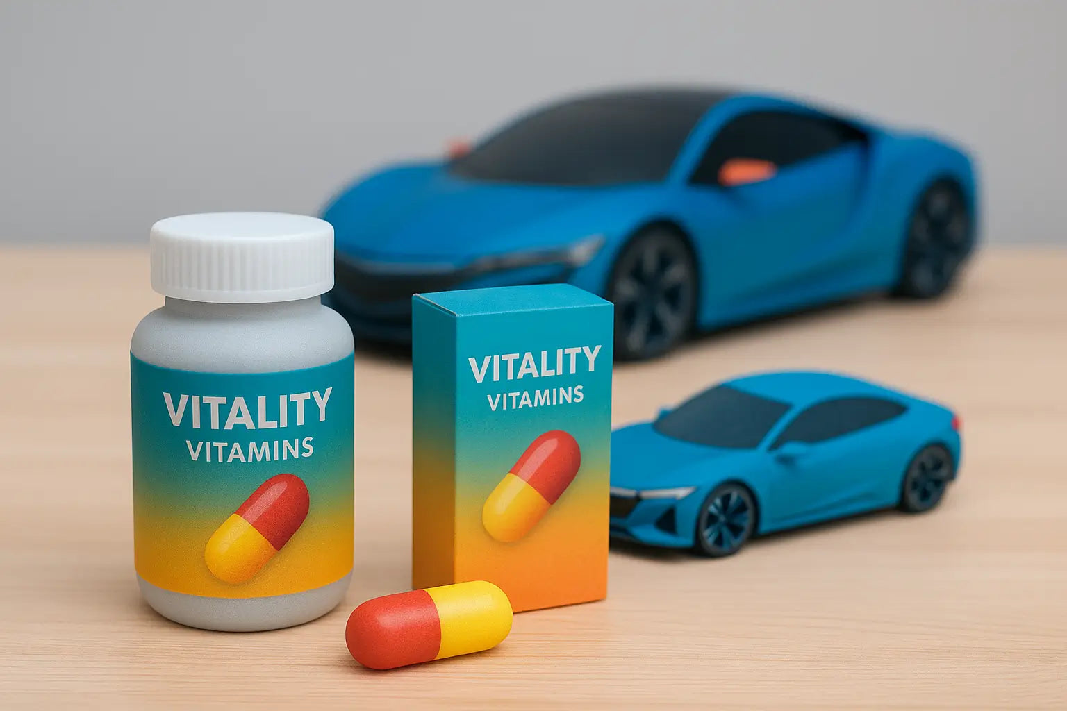 A realistic 800x600 photograph of two full color 3D printed product prototypes, including a capsule bottle and a concept package box, placed on a neutral background.