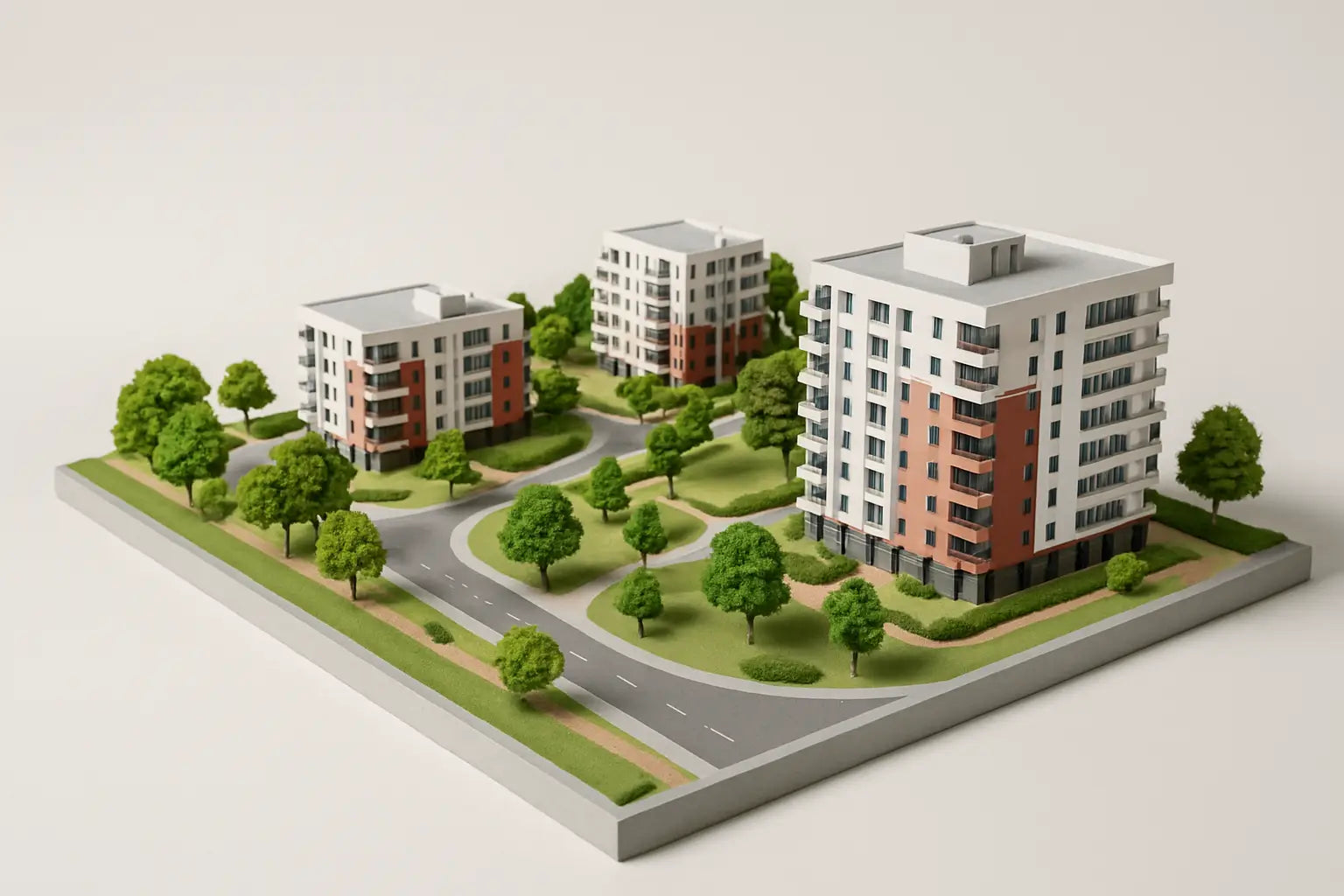 A full color 3D printed architectural model of a residential complex with buildings, roads, and trees, arranged on a light gray base with realistic landscaping.
