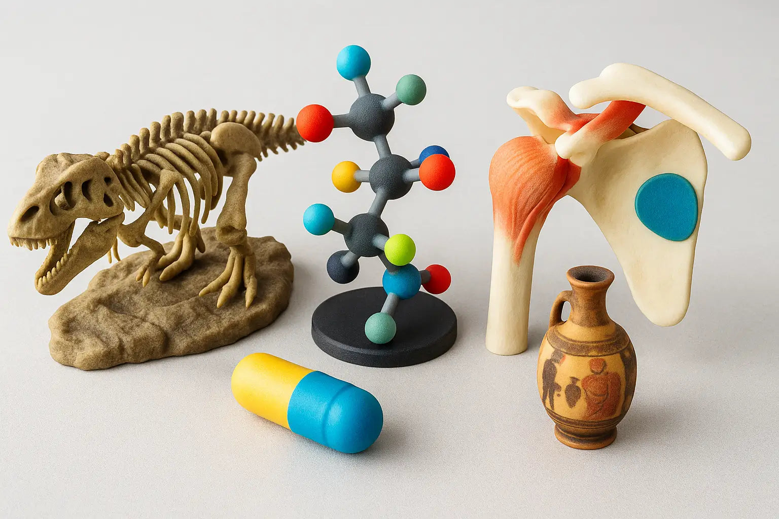 A high-resolution photograph of full color 3D printed educational models including a dinosaur fossil replica, a molecular structure, and a historical artifact displayed on a clean tabletop.